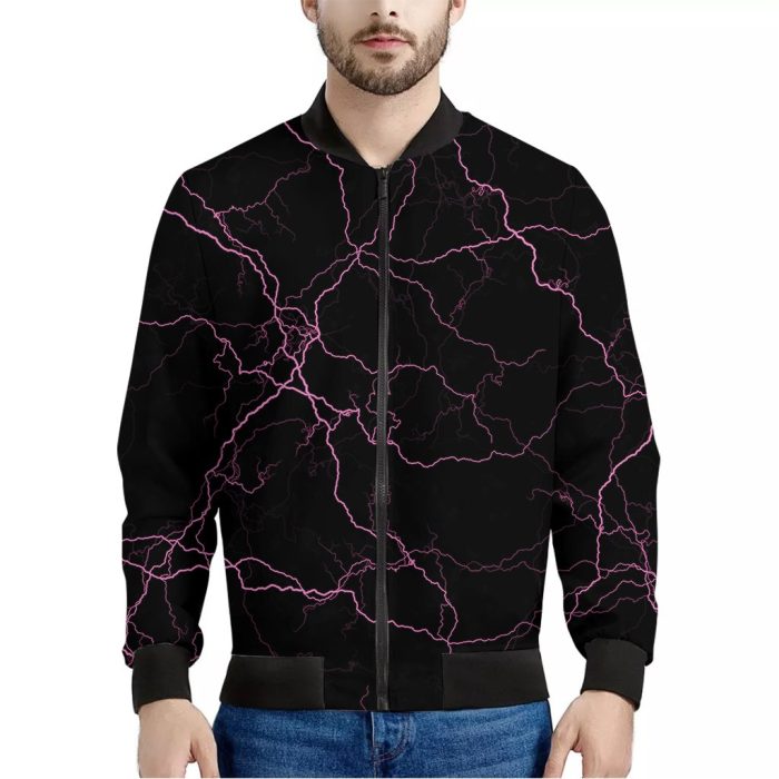 Purple Lightning Print Bomber Jacket