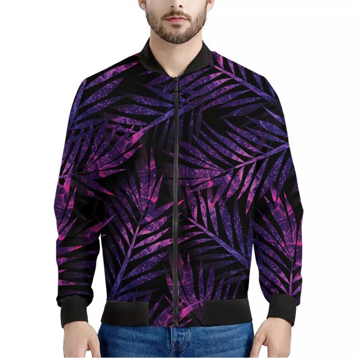 Purple Tropical Leaves Print Bomber Jacket