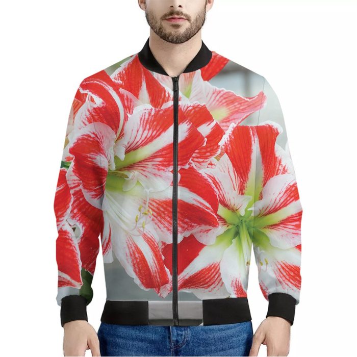 Red And White Amaryllis Print Bomber Jacket