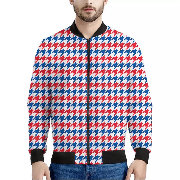 Red Blue And White Houndstooth Print Bomber Jacket