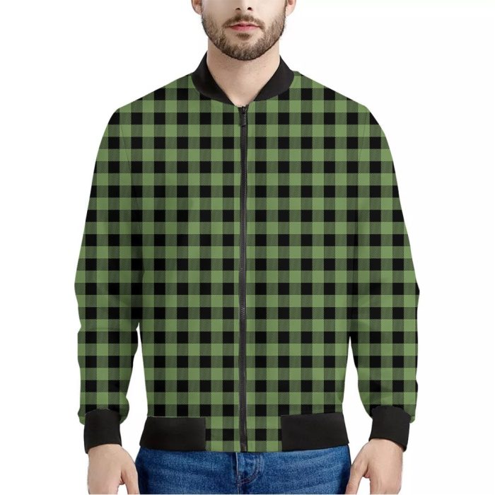 Sage Green Buffalo Check Pattern Print Bomber Jacket