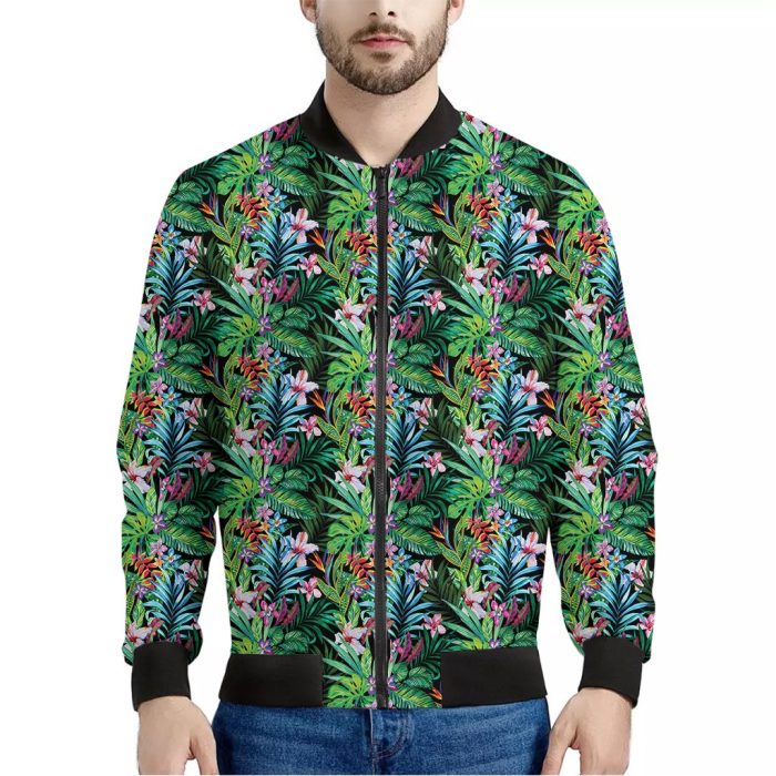 Tropical Palm And Hibiscus Print Bomber Jacket