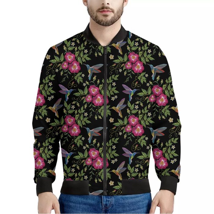 Wild Flowers And Hummingbird Print Bomber Jacket