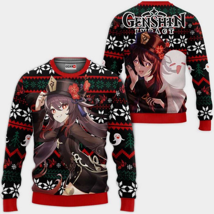 Hu Tao Ugly Christmas Sweater Pullover Hoodie Custom Anime Genshin Impact Xmas Gifts