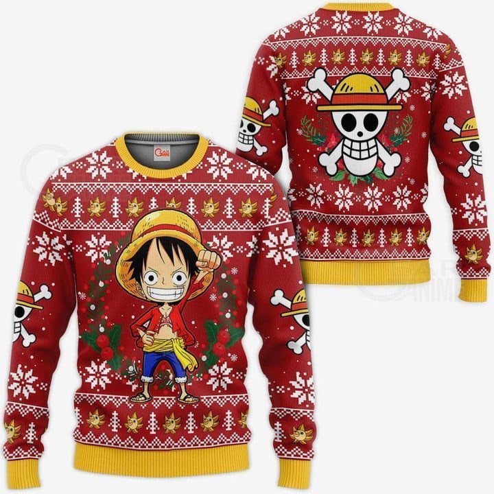 Luffy-Ugly-Christmas-Sweater-Pullover-Hoodie-Xmas Luffy Ugly Christmas Sweater Pullover Hoodie Xmas