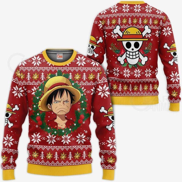 Monkey-D.-Luffy-Ugly-Christmas-Sweater-Pullover-Hoodie-Custom-Xmas Monkey D. Luffy Ugly Christmas Sweater Pullover Hoodie Custom Xmas