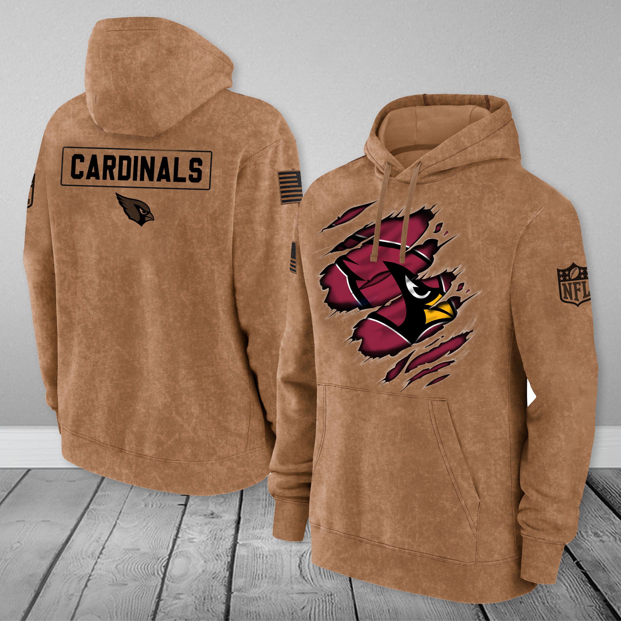 Arizona-Cardinals-NFL-Brown-Distressed-Logo-Salute-To-Service-2023-3D-Hoodie-HSL1033 Arizona Cardinals NFL Brown Distressed Logo Salute To Service 2023 3D Hoodie HSL1033