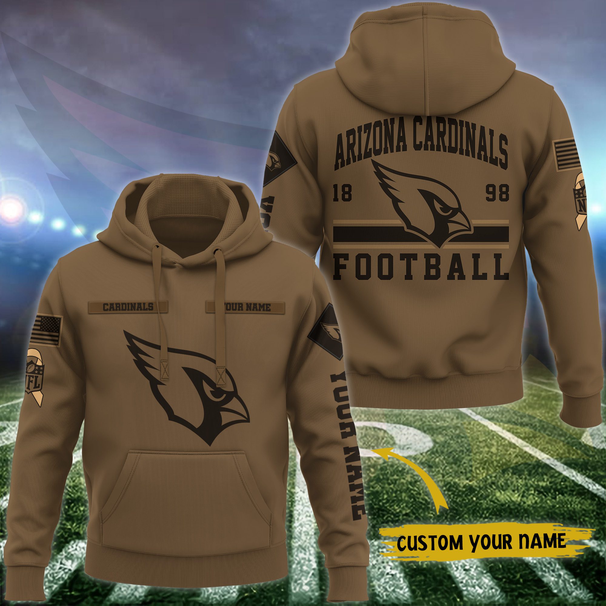 Arizona-Cardinals-NFL-Brown-Salute-To-Service-2023-Veteran-3D-Hoodie-Custom-Your-Name-HSL1129 Arizona Cardinals NFL Brown Salute To Service 2023 Veteran 3D Hoodie Custom Your Name HSL1129