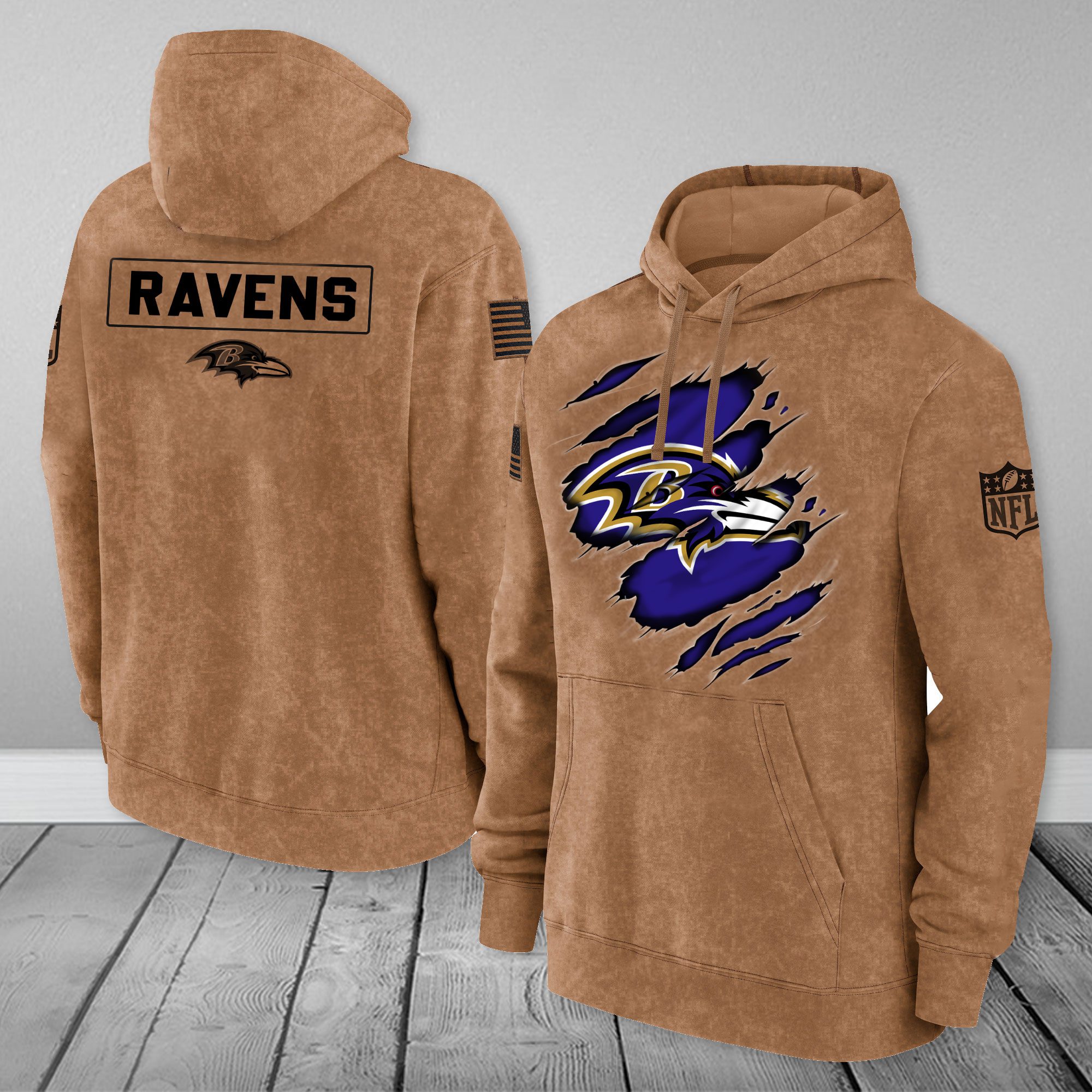Baltimore-Ravens-NFL-Brown-Distressed-Logo-Salute-To-Service-2023-3D-Hoodie-HSL1035 Baltimore Ravens NFL Brown Distressed Logo Salute To Service 2023 3D Hoodie HSL1035