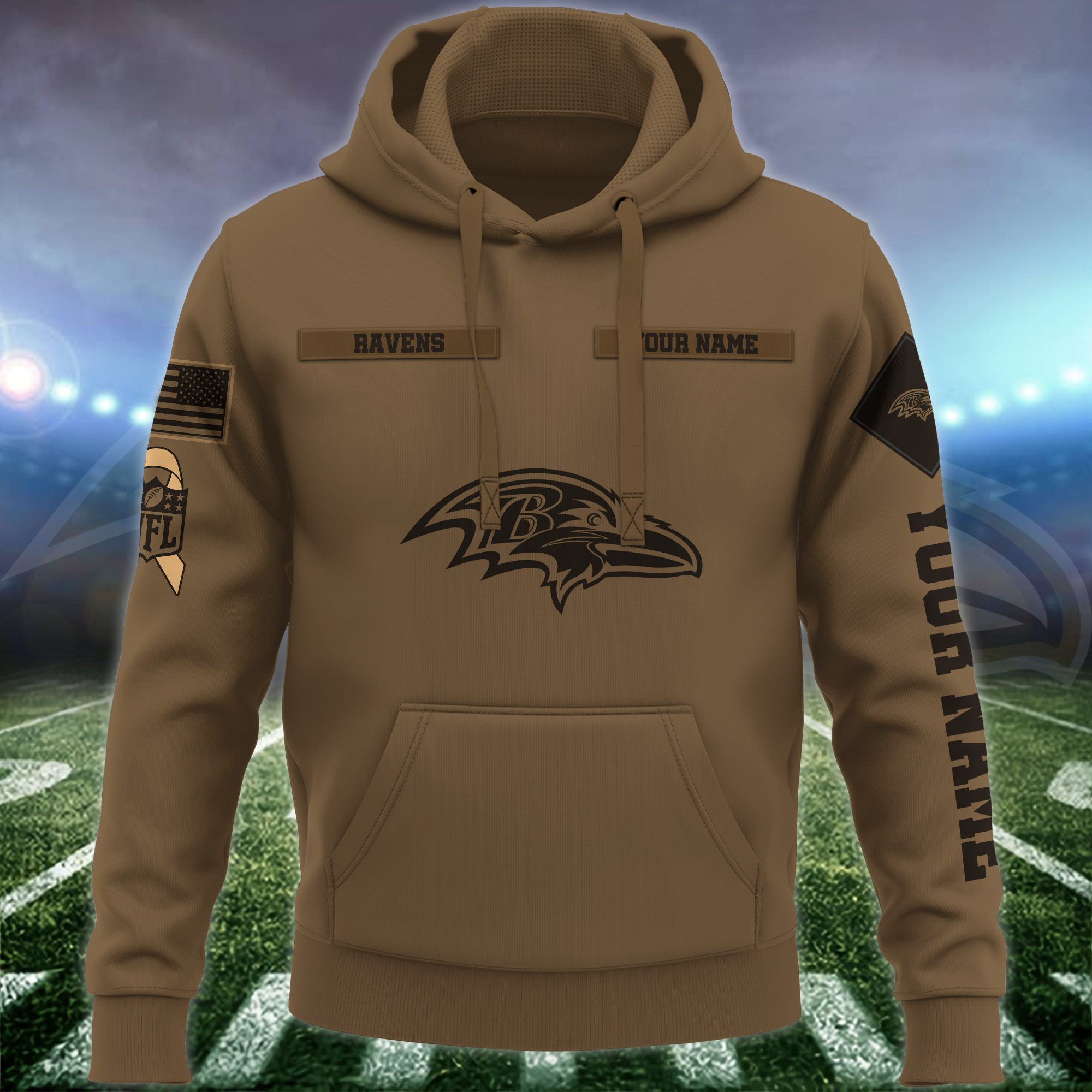 Baltimore-Ravens-NFL-Brown-Salute-To-Service-2023-Veteran-3D-Hoodie-Custom-Your-Name-HSL1131-1