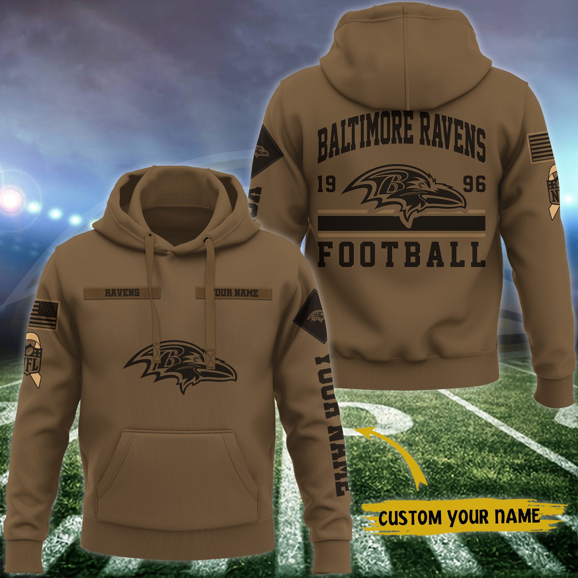 Baltimore-Ravens-NFL-Brown-Salute-To-Service-2023-Veteran-3D-Hoodie-Custom-Your-Name-HSL1131 Baltimore Ravens NFL Brown Salute To Service 2023 Veteran 3D Hoodie Custom Your Name HSL1131