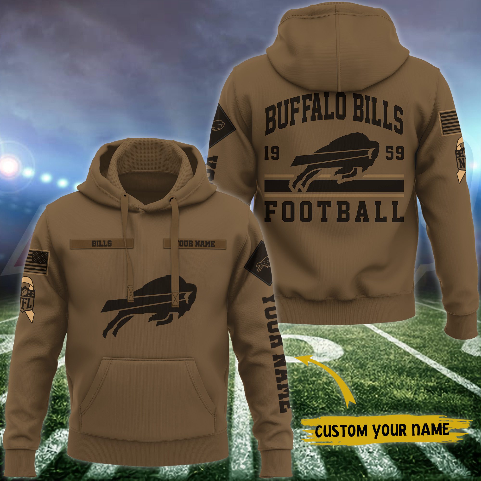 Buffalo-Bills-NFL-Brown-Salute-To-Service-2023-Veteran-3D-Hoodie-Custom-Your-Name-HSL1132 Buffalo Bills NFL Brown Salute To Service 2023 Veteran 3D Hoodie Custom Your Name HSL1132