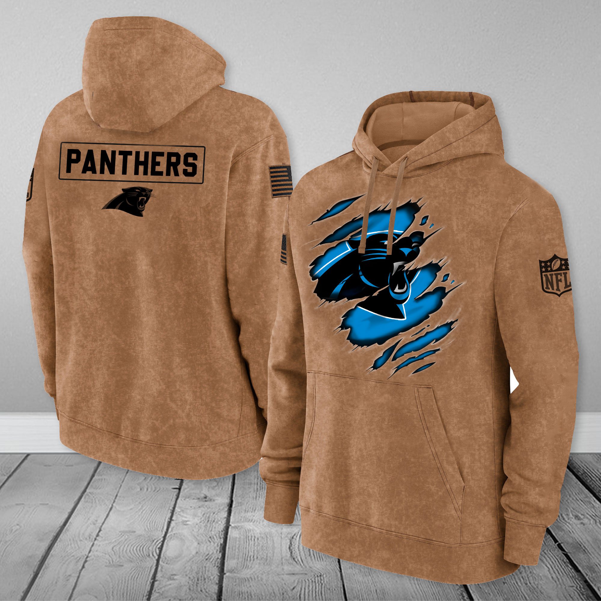 Carolina-Panthers-NFL-Brown-Distressed-Logo-Salute-To-Service-2023-3D-Hoodie-HSL1037 Carolina Panthers NFL Brown Distressed Logo Salute To Service 2023 3D Hoodie HSL1037