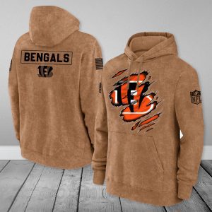 Cincinnati Bengals NFL Brown Distressed Logo Salute To Service 2023 3D Hoodie HSL1039