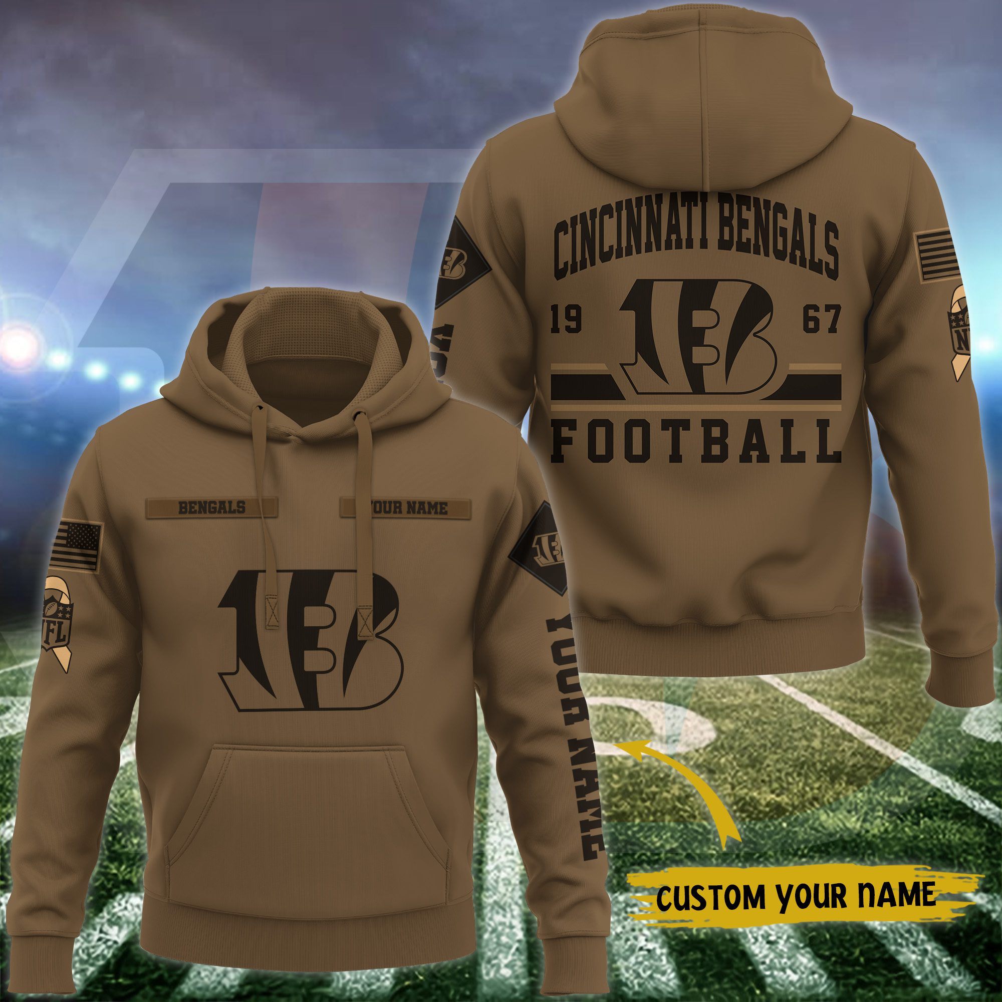 Cincinnati-Bengals-NFL-Brown-Salute-To-Service-2023-Veteran-3D-Hoodie-Custom-Your-Name-HSL1135 Cincinnati Bengals NFL Brown Salute To Service 2023 Veteran 3D Hoodie Custom Your Name HSL1135
