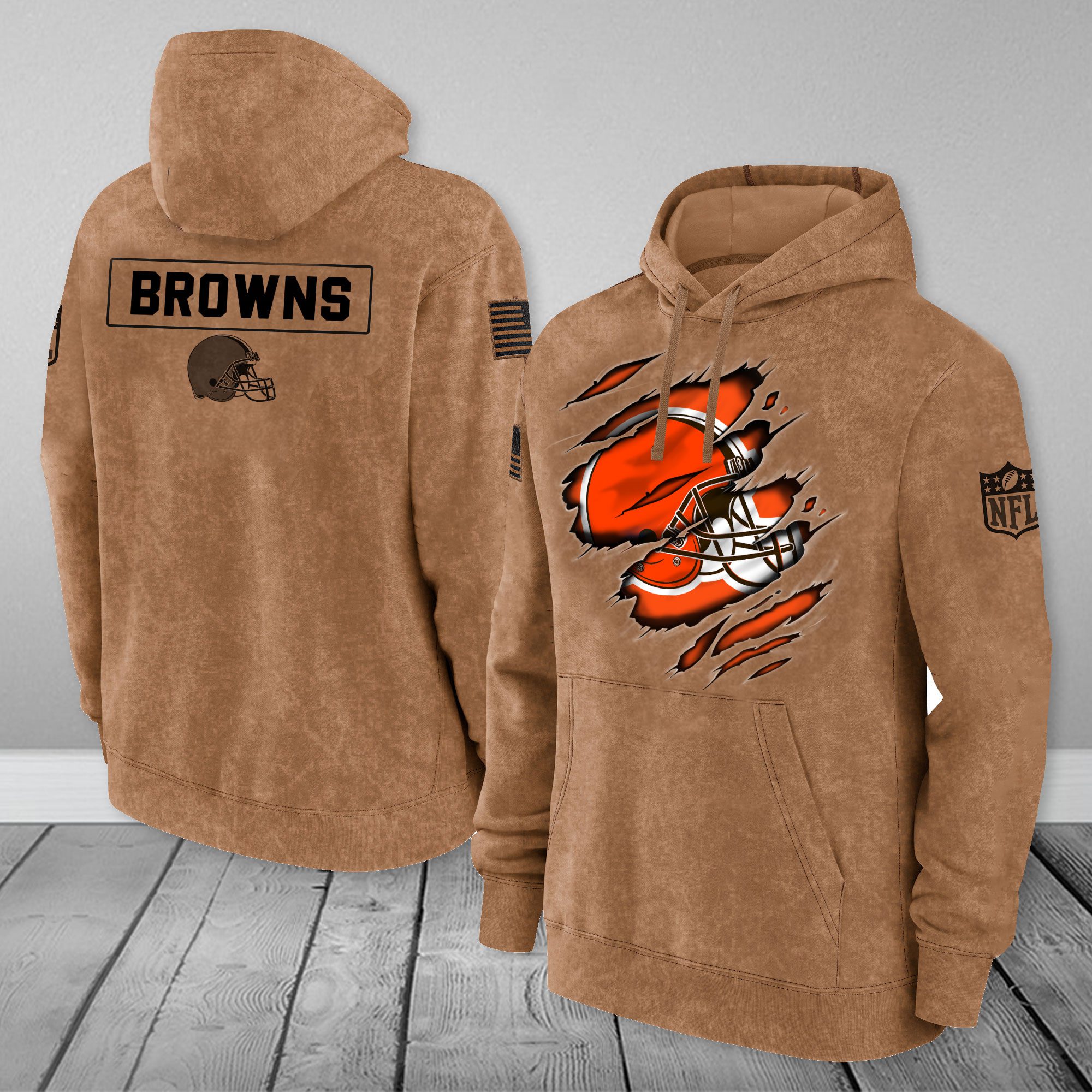 Cleveland-Browns-NFL-Brown-Distressed-Logo-Salute-To-Service-2023-3D-Hoodie-HSL1040 Cleveland Browns NFL Brown Distressed Logo Salute To Service 2023 3D Hoodie HSL1040