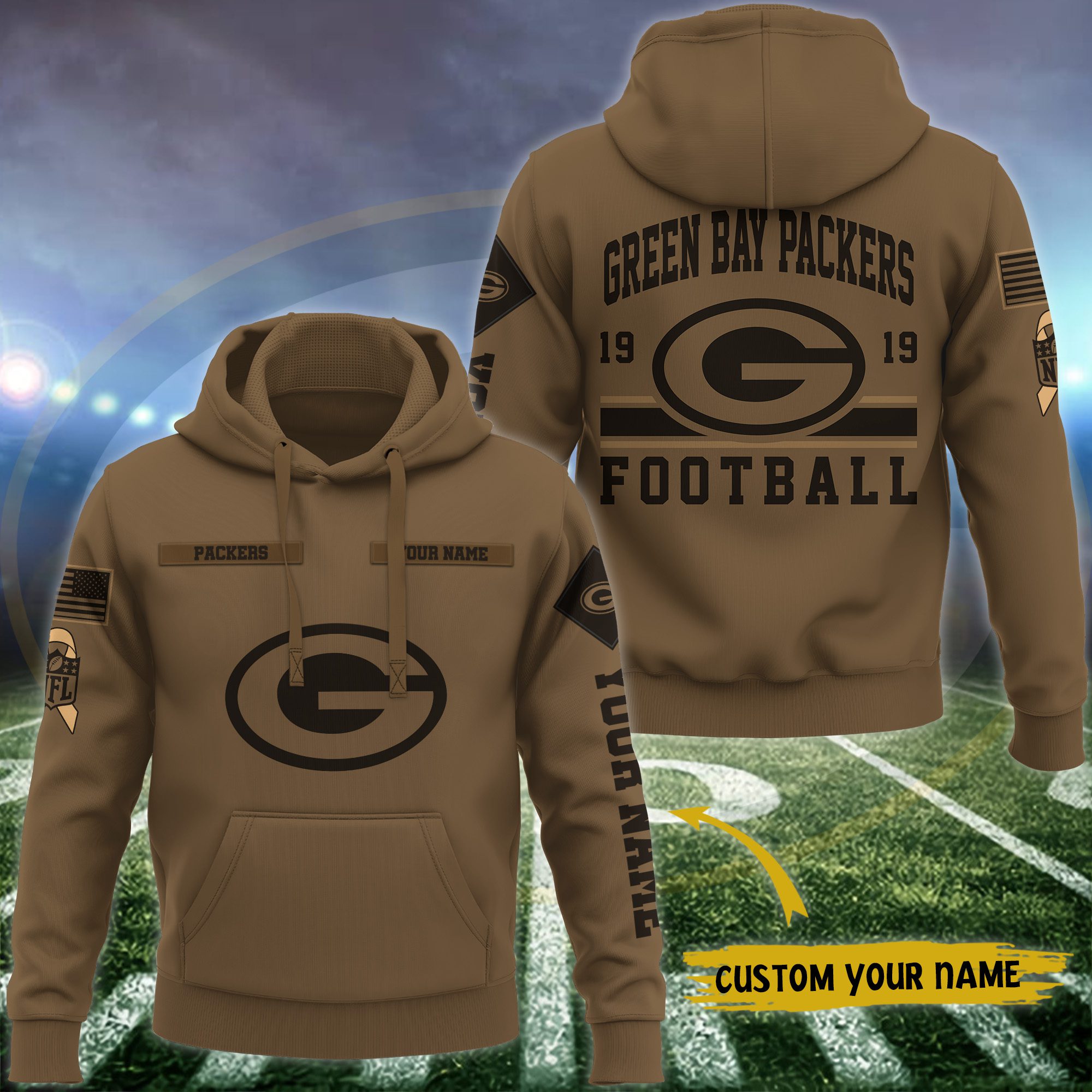 Green-Bay-Packers-NFL-Brown-Salute-To-Service-2023-Veteran-3D-Hoodie-Custom-Your-Name-HSL1140 Green Bay Packers NFL Brown Salute To Service 2023 Veteran 3D Hoodie Custom Your Name HSL1140