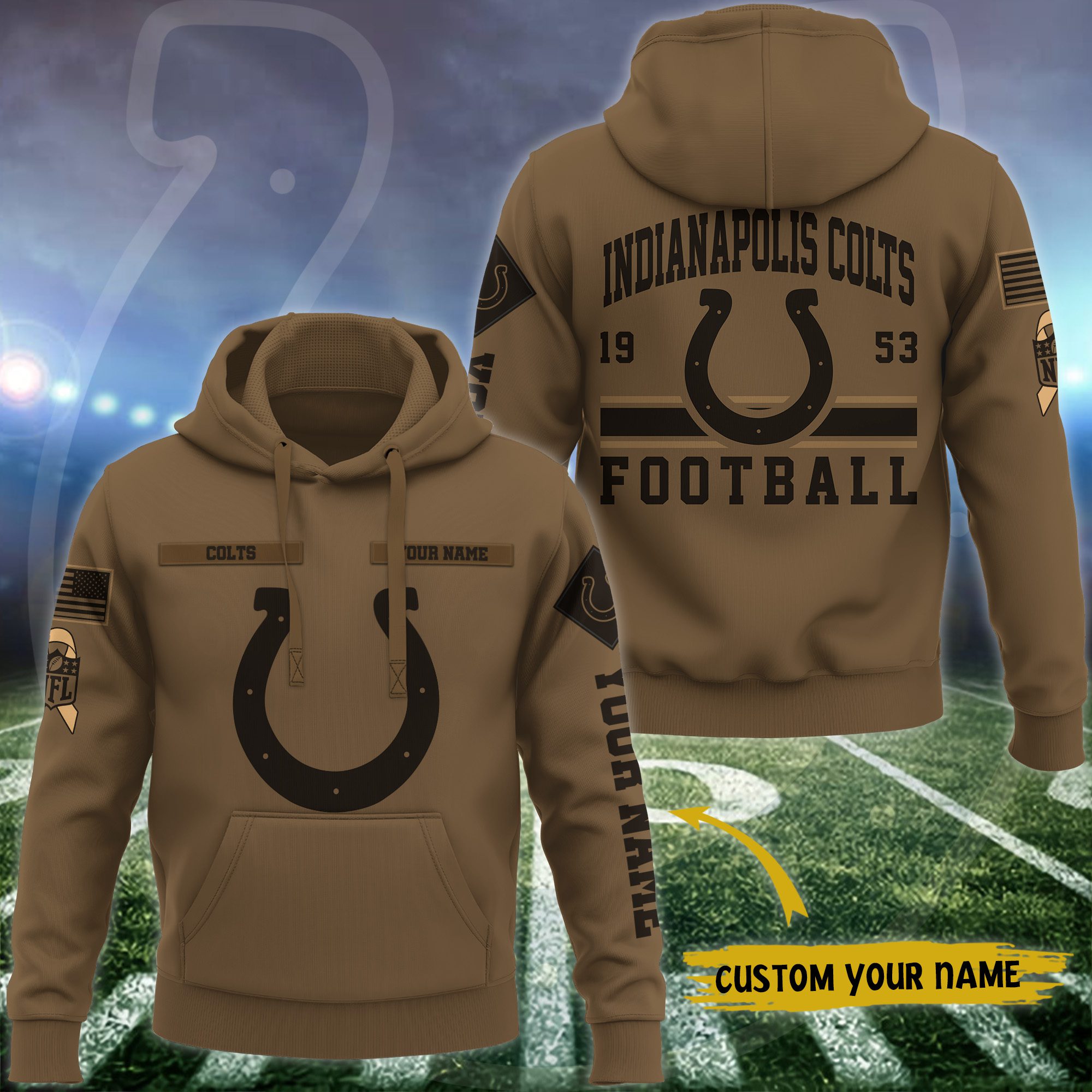 Indianapolis-Colts-NFL-Brown-Salute-To-Service-2023-Veteran-3D-Hoodie-Custom-Your-Name-HSL1142 Indianapolis Colts NFL Brown Salute To Service 2023 Veteran 3D Hoodie Custom Your Name HSL1142