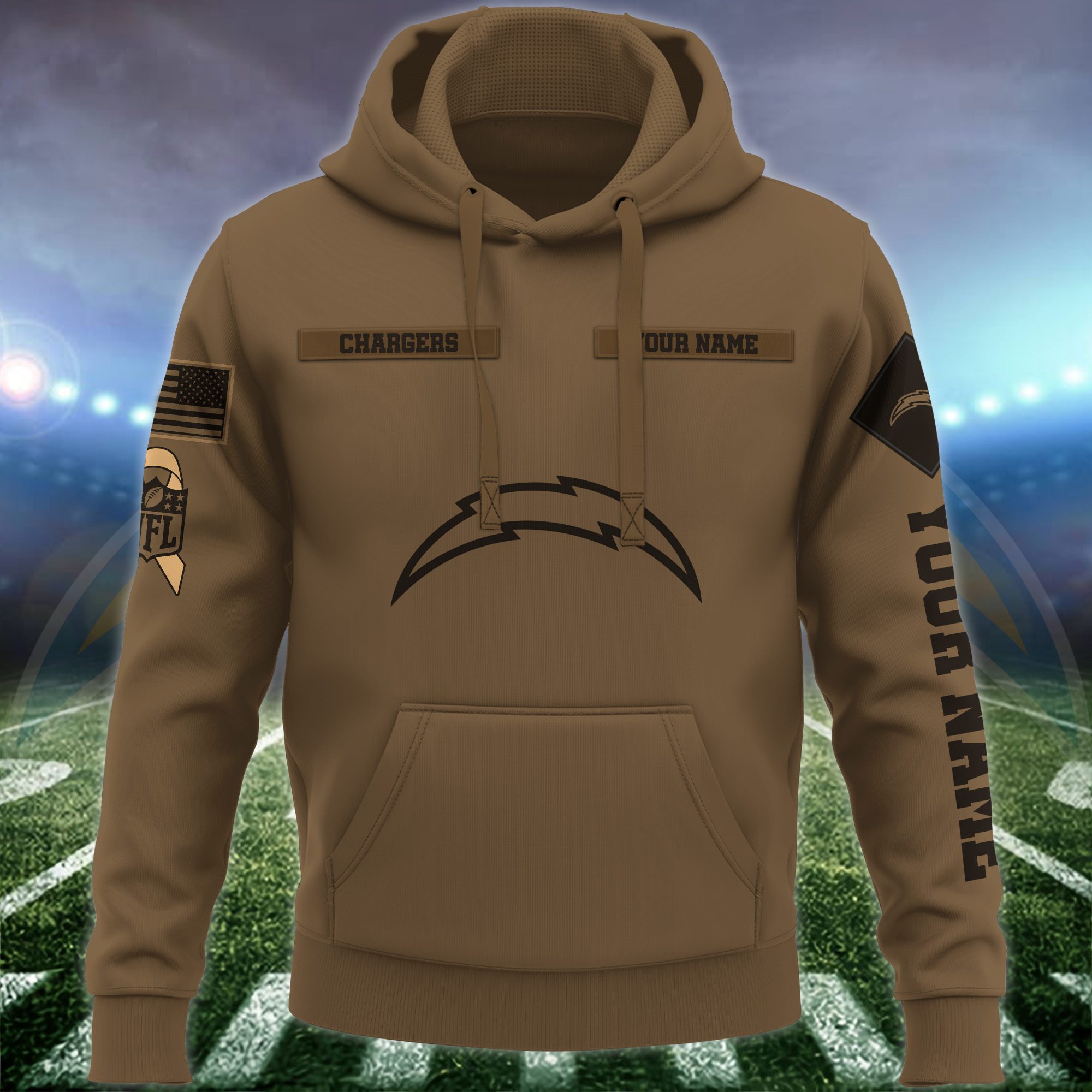Los-Angeles-Chargers-NFL-Brown-Salute-To-Service-2023-Veteran-3D-Hoodie-Custom-Your-Name-HSL1146-1