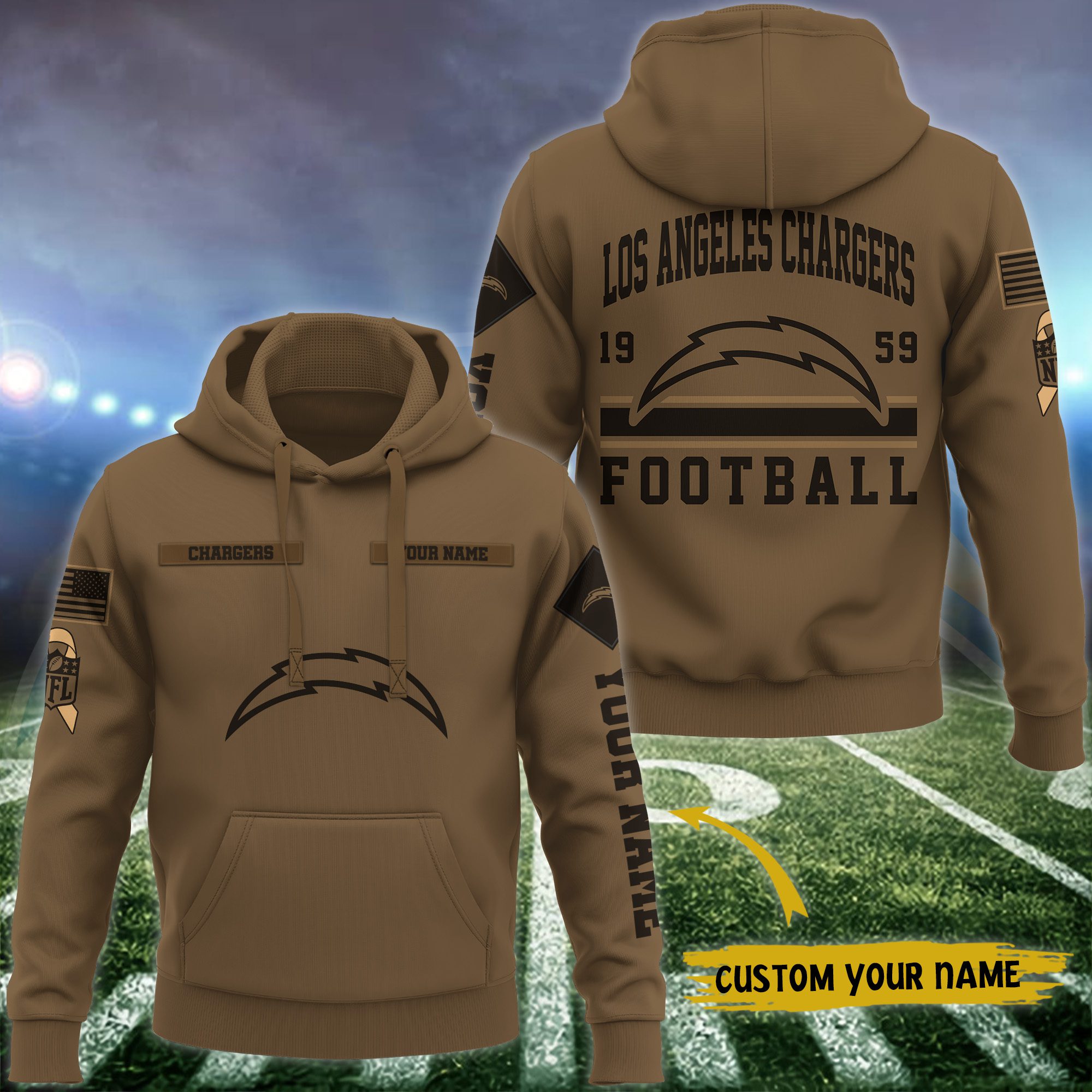 Los-Angeles-Chargers-NFL-Brown-Salute-To-Service-2023-Veteran-3D-Hoodie-Custom-Your-Name-HSL1146 Los Angeles Chargers NFL Brown Salute To Service 2023 Veteran 3D Hoodie Custom Your Name HSL1146