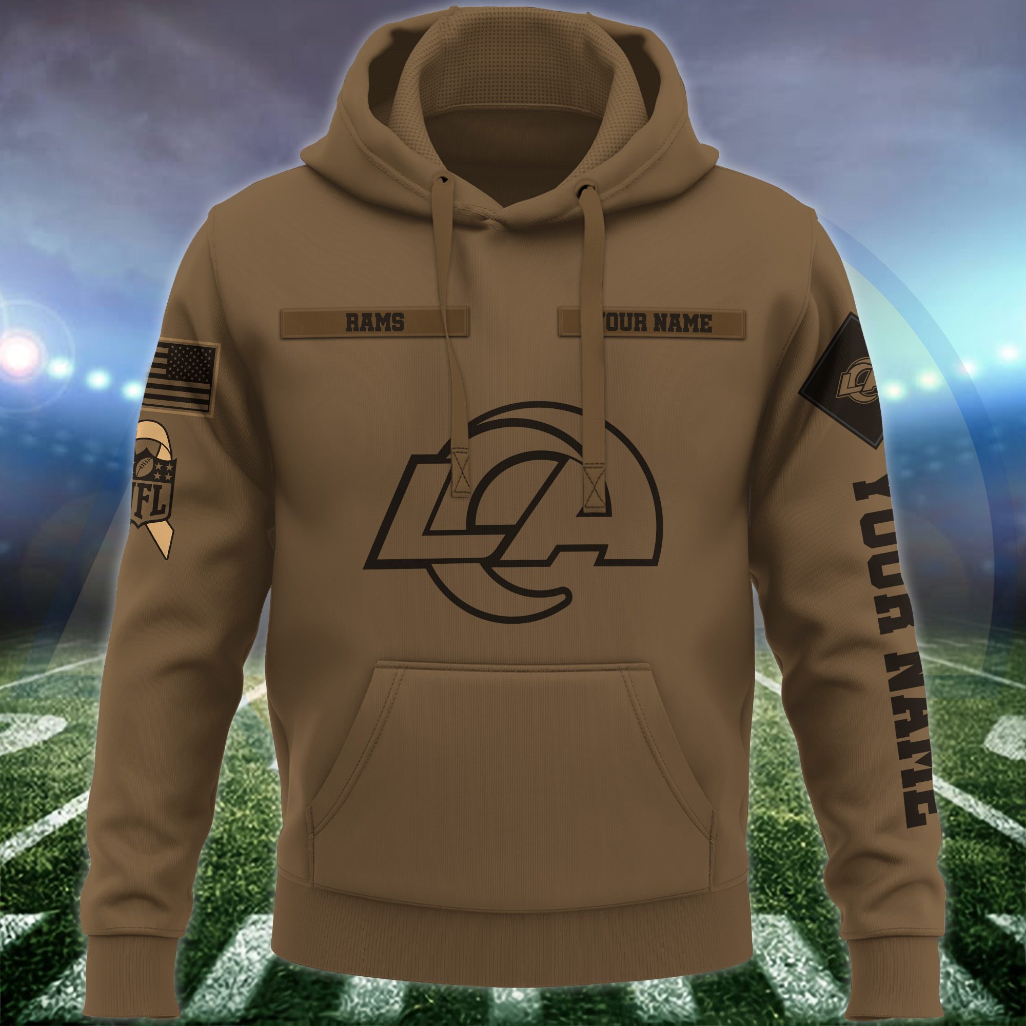 Los-Angeles-Rams-NFL-Brown-Salute-To-Service-2023-Veteran-3D-Hoodie-Custom-Your-Name-HSL1147-1