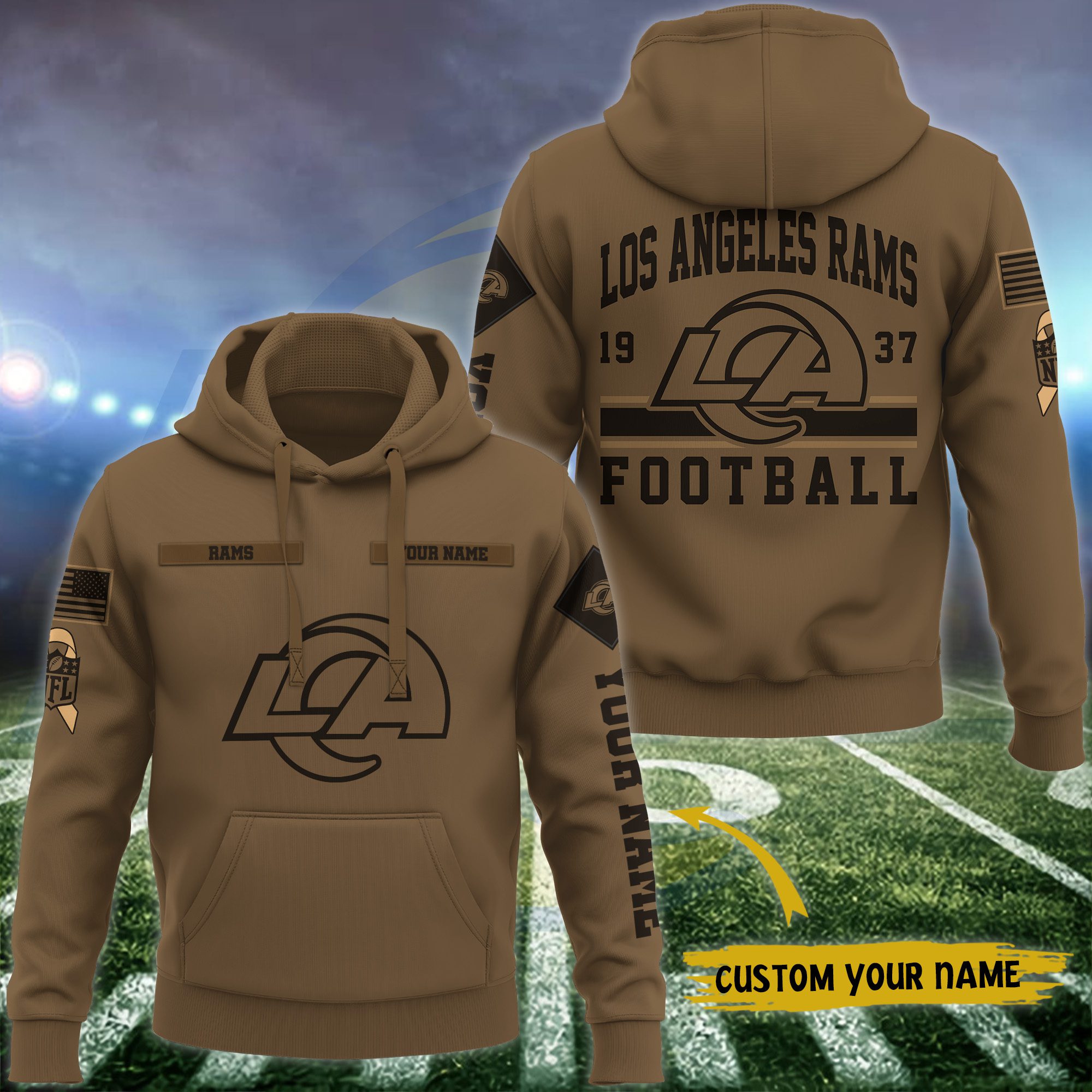 Los-Angeles-Rams-NFL-Brown-Salute-To-Service-2023-Veteran-3D-Hoodie-Custom-Your-Name-HSL1147 Los Angeles Rams NFL Brown Salute To Service 2023 Veteran 3D Hoodie Custom Your Name HSL1147