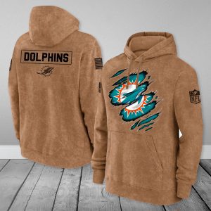 Miami Dolphins NFL Brown Distressed Logo Salute To Service 2023 3D Hoodie HSL1052