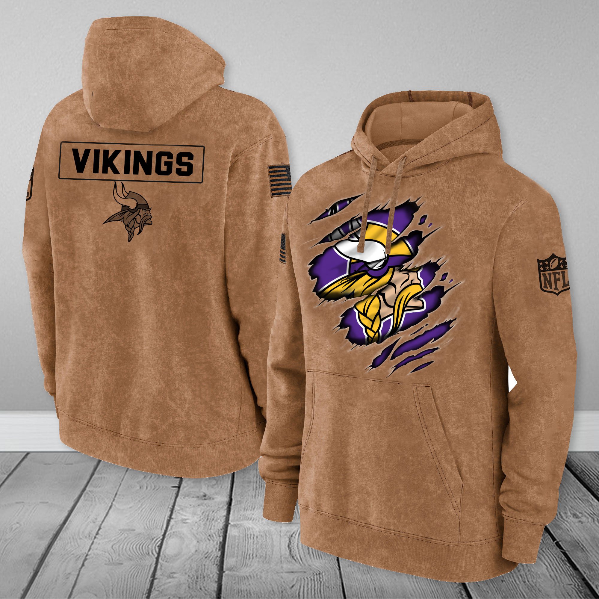 Minnesota-Vikings-NFL-Brown-Distressed-Logo-Salute-To-Service-2023-3D-Hoodie-HSL1053 Minnesota Vikings NFL Brown Distressed Logo Salute To Service 2023 3D Hoodie HSL1053