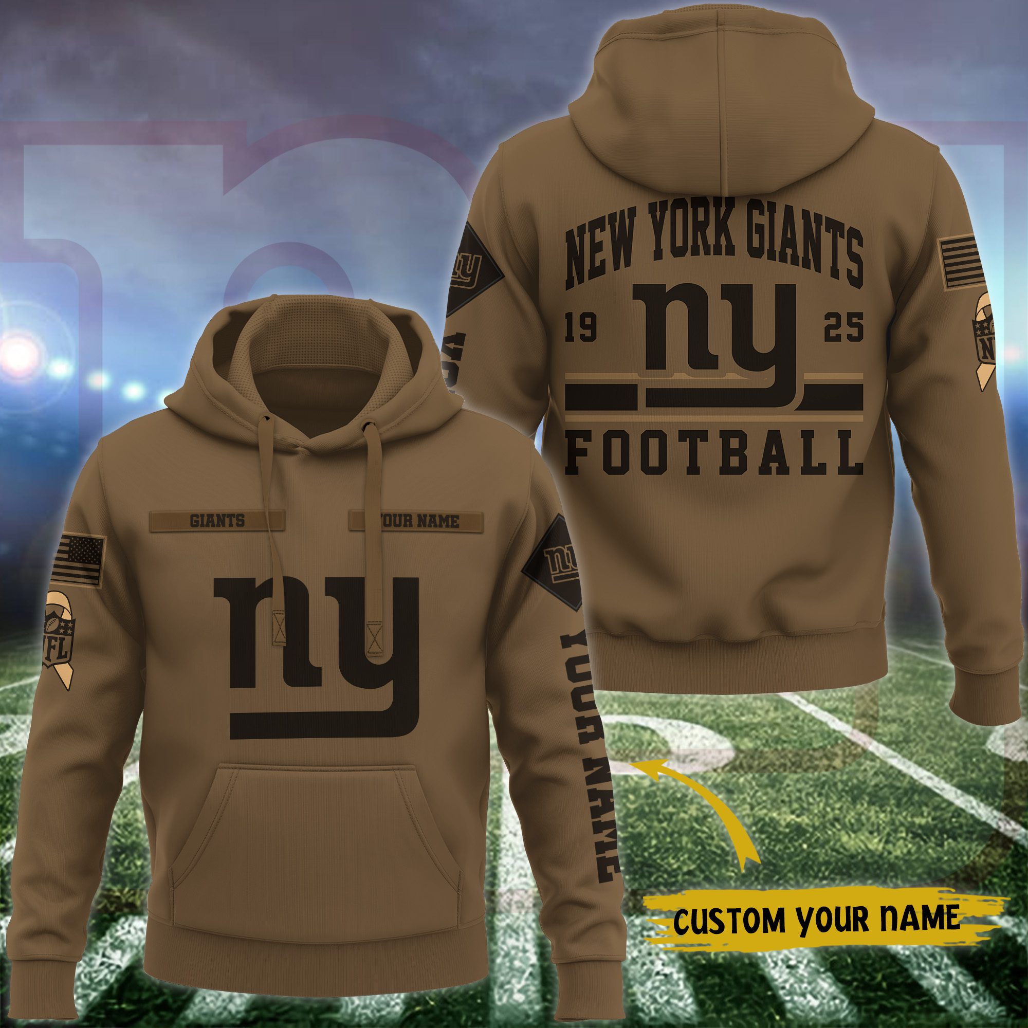 New-York-Giants-NFL-Brown-Salute-To-Service-2023-Veteran-3D-Hoodie-Custom-Your-Name-HSL1152 New York Giants NFL Brown Salute To Service 2023 Veteran 3D Hoodie Custom Your Name HSL1152