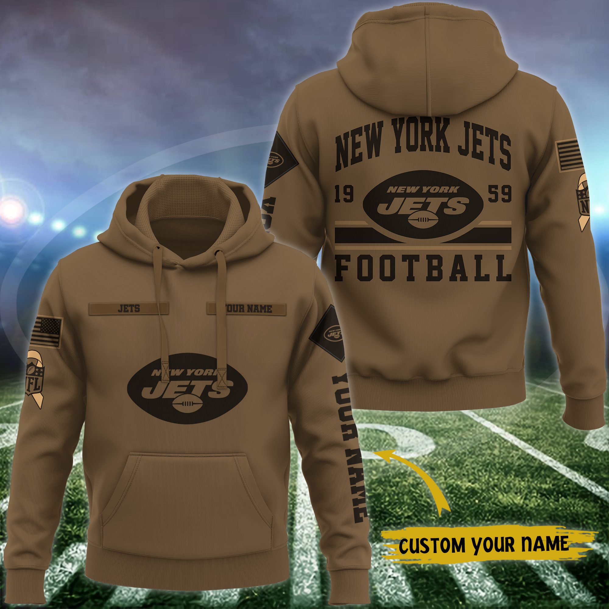 New-York-Jets-NFL-Brown-Salute-To-Service-2023-Veteran-3D-Hoodie-Custom-Your-Name-HSL1153 New York Jets NFL Brown Salute To Service 2023 Veteran 3D Hoodie Custom Your Name HSL1153