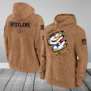 Pittsburgh Steelers NFL Brown Distressed Logo Salute To Service 2023 3D Hoodie HSL1059