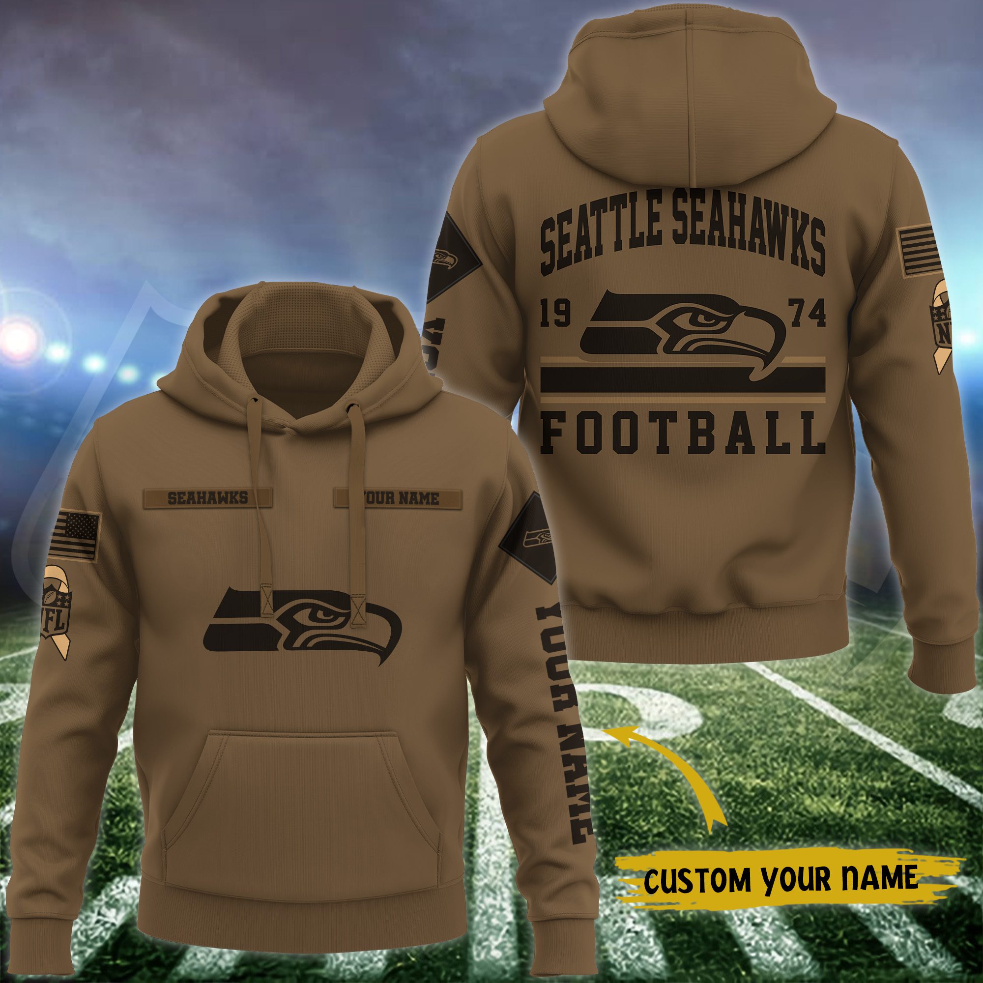 Seattle-Seahawks-NFL-Brown-Salute-To-Service-2023-Veteran-3D-Hoodie-Custom-Your-Name-HSL1157 Seattle Seahawks NFL Brown Salute To Service 2023 Veteran 3D Hoodie Custom Your Name HSL1157