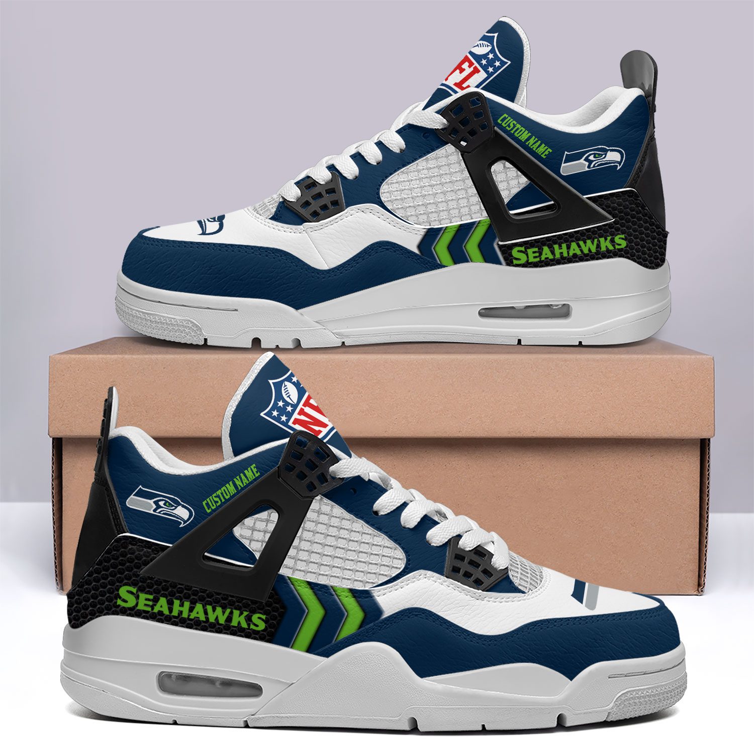 Seattle-Seahawks-NFL-Premium-Jordan-4-Sneaker-Personalized-Name-Shoes-JD4766 Seattle Seahawks NFL Premium Jordan 4 Sneaker Personalized Name Shoes JD4766