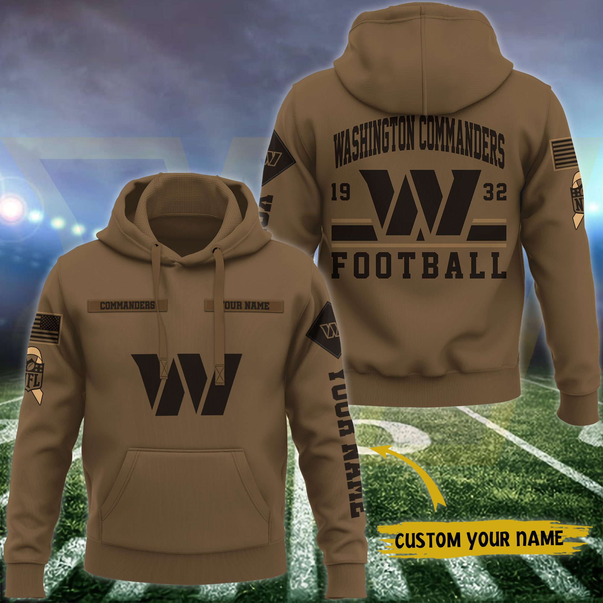 Washington-Commanders-NFL-Brown-Salute-To-Service-2023-Veteran-3D-Hoodie-Custom-Your-Name-HSL1160 Washington Commanders NFL Brown Salute To Service 2023 Veteran 3D Hoodie Custom Your Name HSL1160