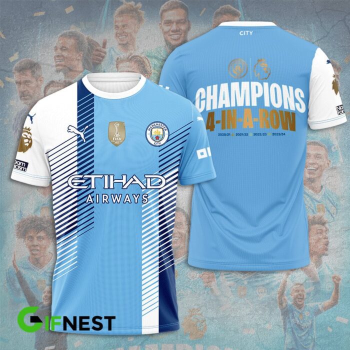 Manchester City Champions 4 In Row Premier League 2024 Unisex T-Shirt