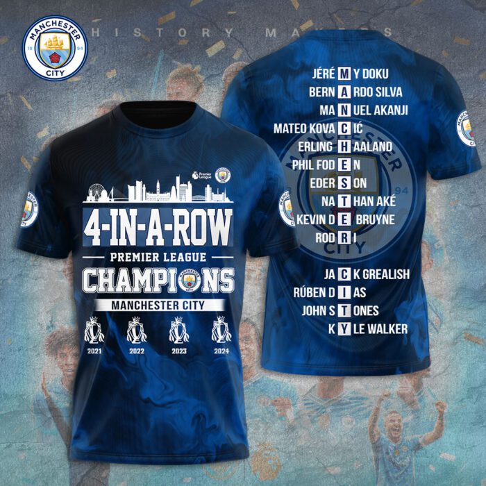 Manchester City Champions 4 In Row Premier League 2024 Unisex T-Shirt TSM1006