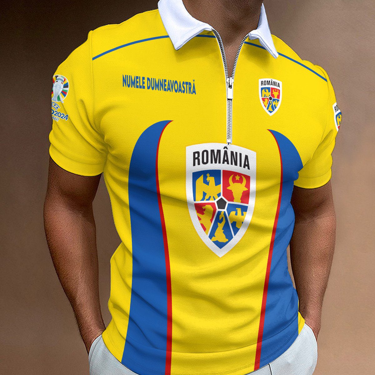 Romania-National-Football-Team-Euro-2024-Zipper-Polo-Shirt Romania National Football Team Euro 2024 Zipper Polo Shirt