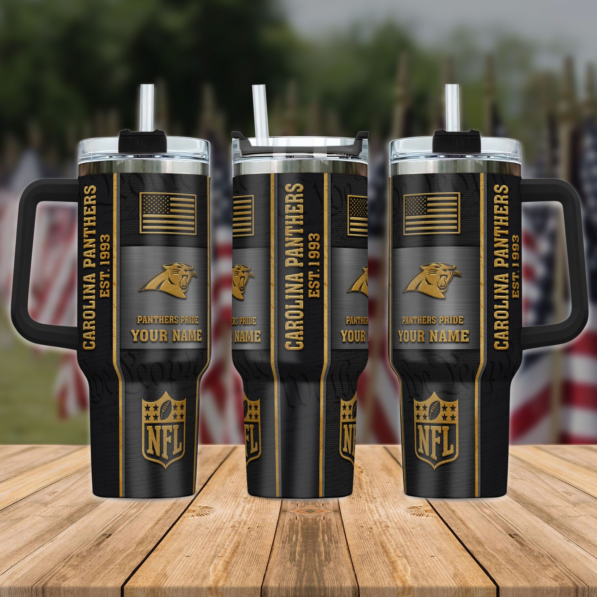 Carolina-Panthers-NFL-Personalized-40oz-Stanley-Tumbler-Black-Gold-US-Flag-Tumbler-1