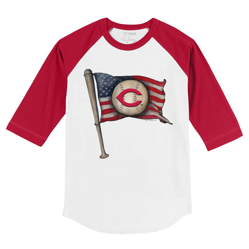Cincinnati-Reds-Baseball-Flag-34-Red-Sleeve-Raglan-Shirt Cincinnati Reds Baseball Flag 3/4 Red Sleeve Raglan Shirt