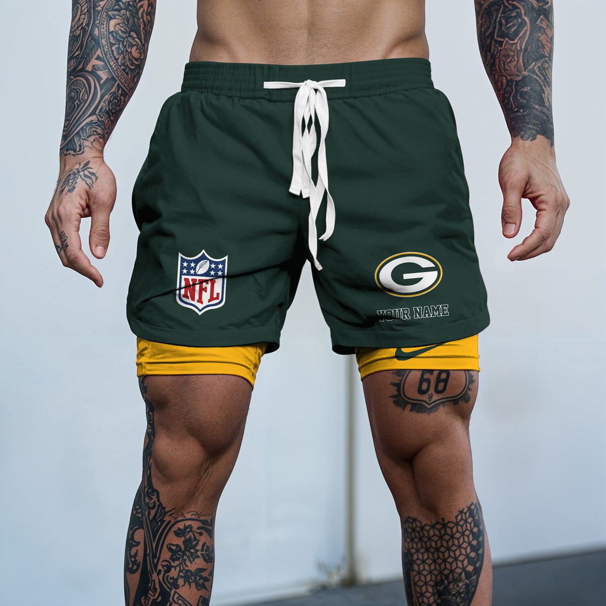 Green-Bay-Packers-NFL-Personalized-Double-Layer-Shorts-WDS1112 Green Bay Packers NFL Personalized Double Layer Shorts WDS1112