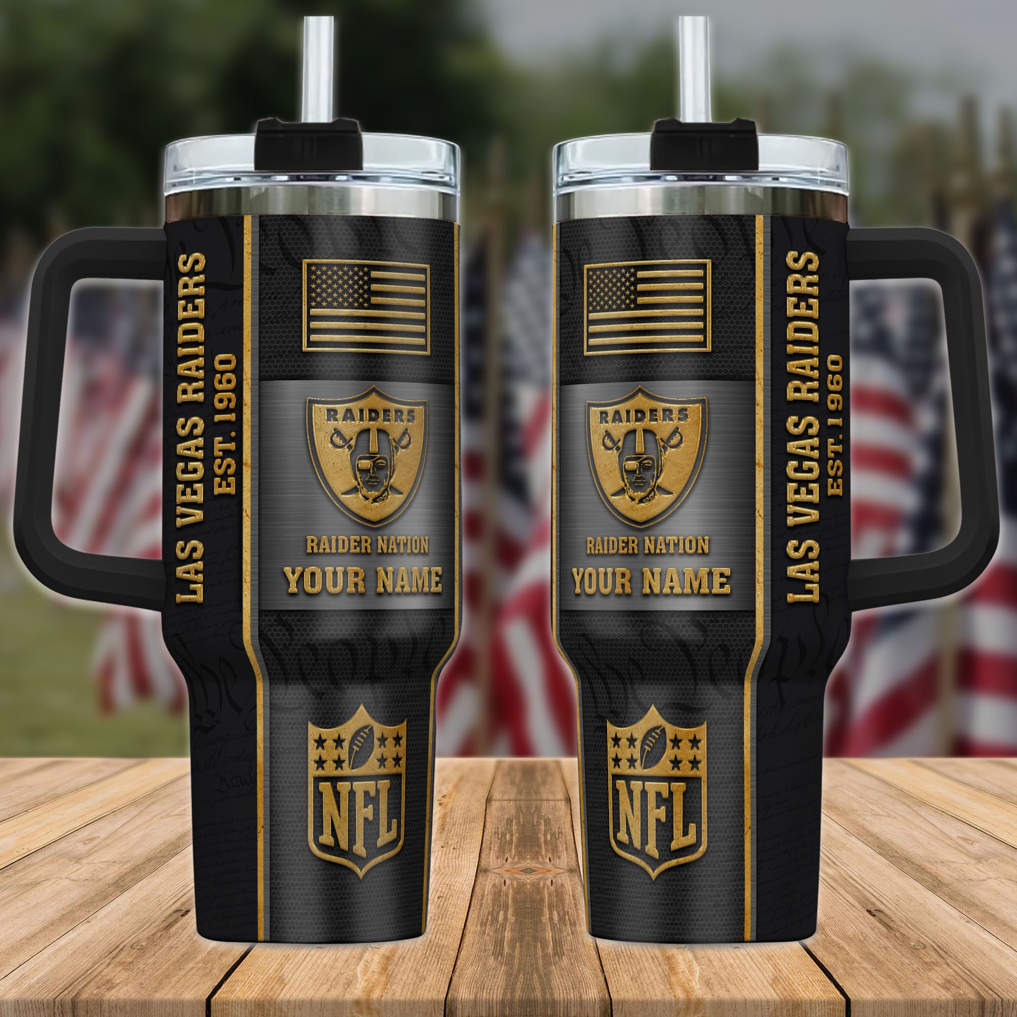 Las-Vegas-Raiders-NFL-Personalized-40oz-Stanley-Tumbler-Black-Gold-US-Flag-Tumbler-2