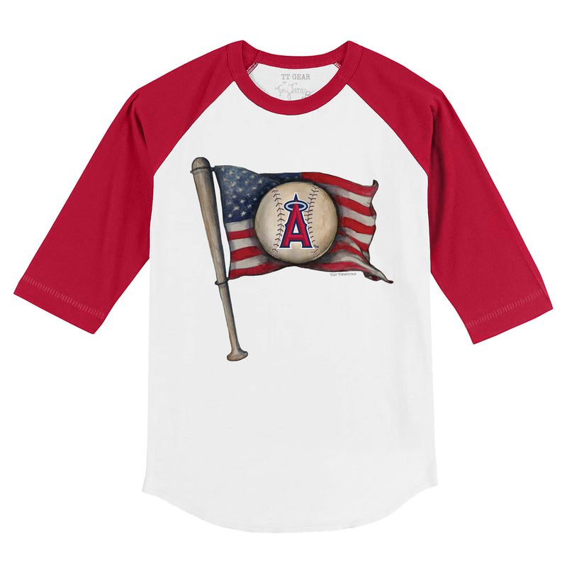 Los-Angeles-Angels-Baseball-Flag-34-Red-Sleeve-Raglan-Shirt Los Angeles Angels Baseball Flag 3/4 Red Sleeve Raglan Shirt