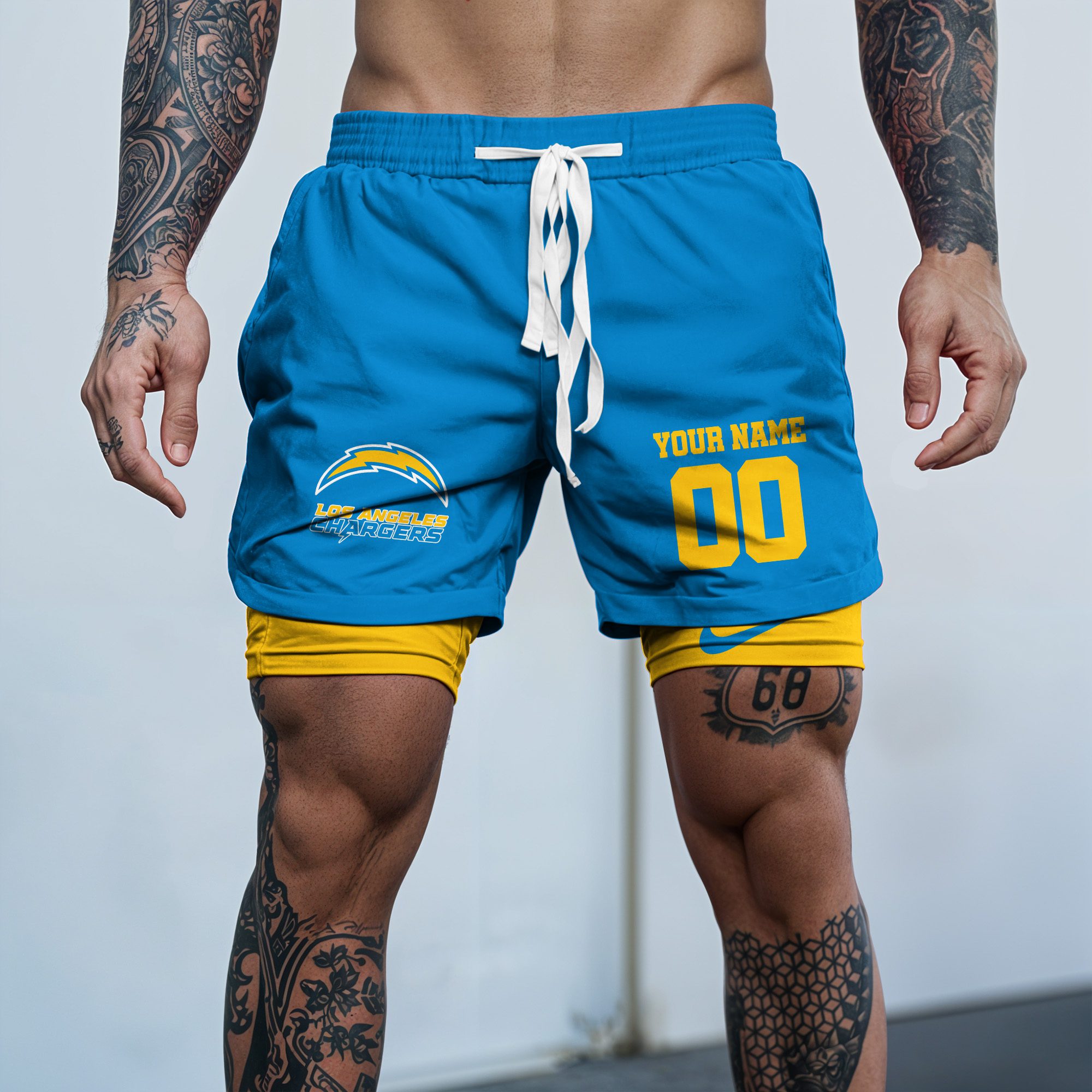 Los-Angeles-Chargers-NFL-Double-Layer-Shorts-Custom-Your-Name-And-Number-WDS1050 Los Angeles Chargers NFL Double Layer Shorts Custom Your Name And Number WDS1050