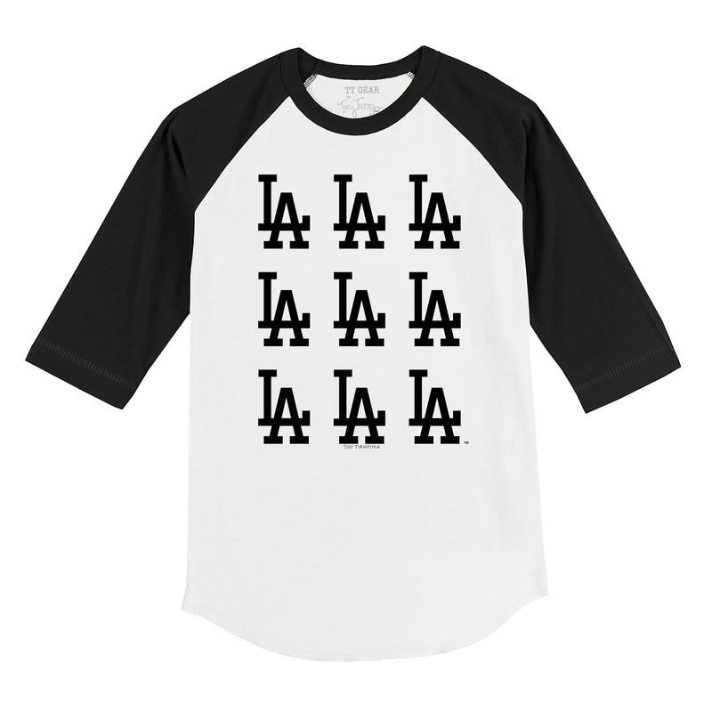 Los-Angeles-Dodgers-Logo-Grid-34-Black-Sleeve-Raglan-Shirt Los Angeles Dodgers Logo Grid 3/4 Black Sleeve Raglan Shirt