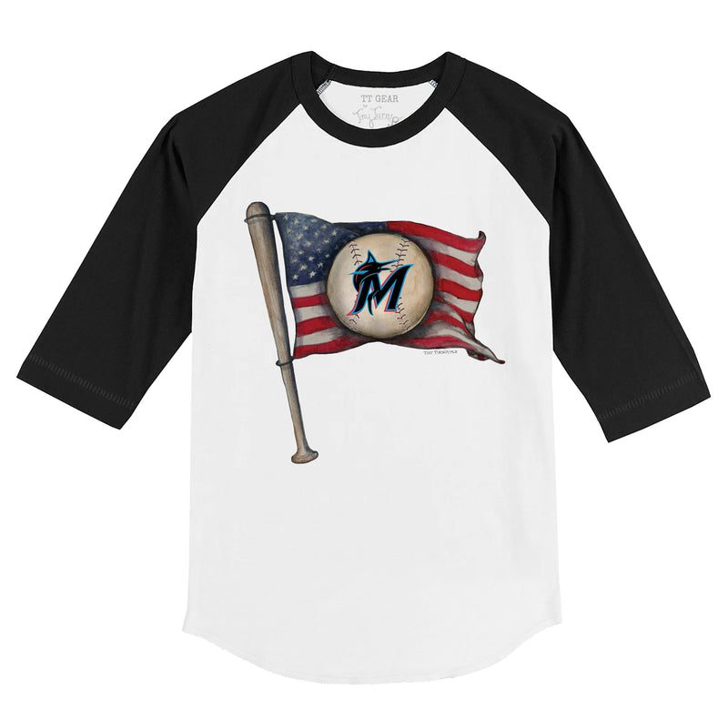 Miami-Marlins-Baseball-Flag-34-Black-Sleeve-Raglan-Shirt Miami Marlins Baseball Flag 3/4 Black Sleeve Raglan Shirt