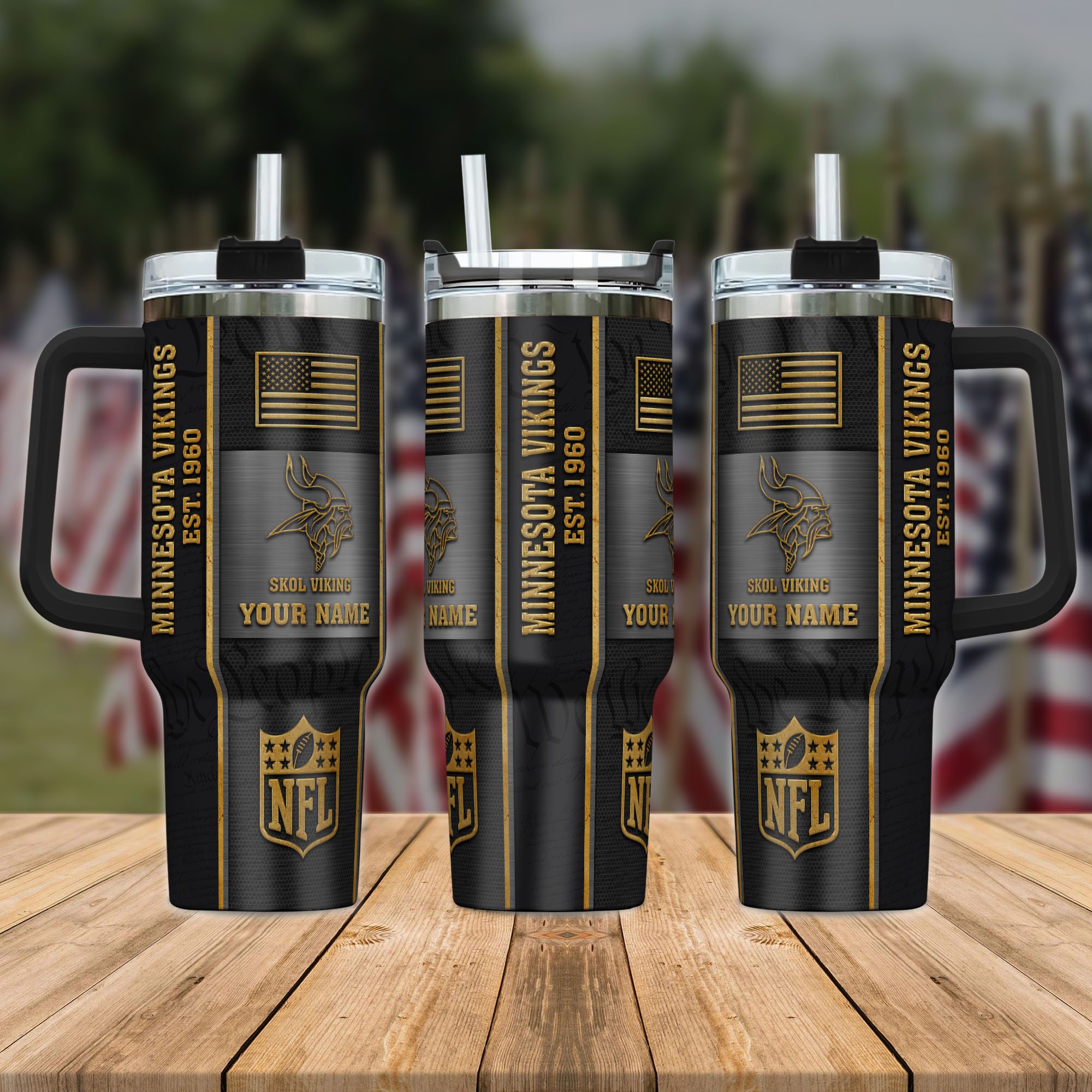Minnesota-Vikings-NFL-Personalized-40oz-Stanley-Tumbler-Black-Gold-US-Flag-Tumbler-1