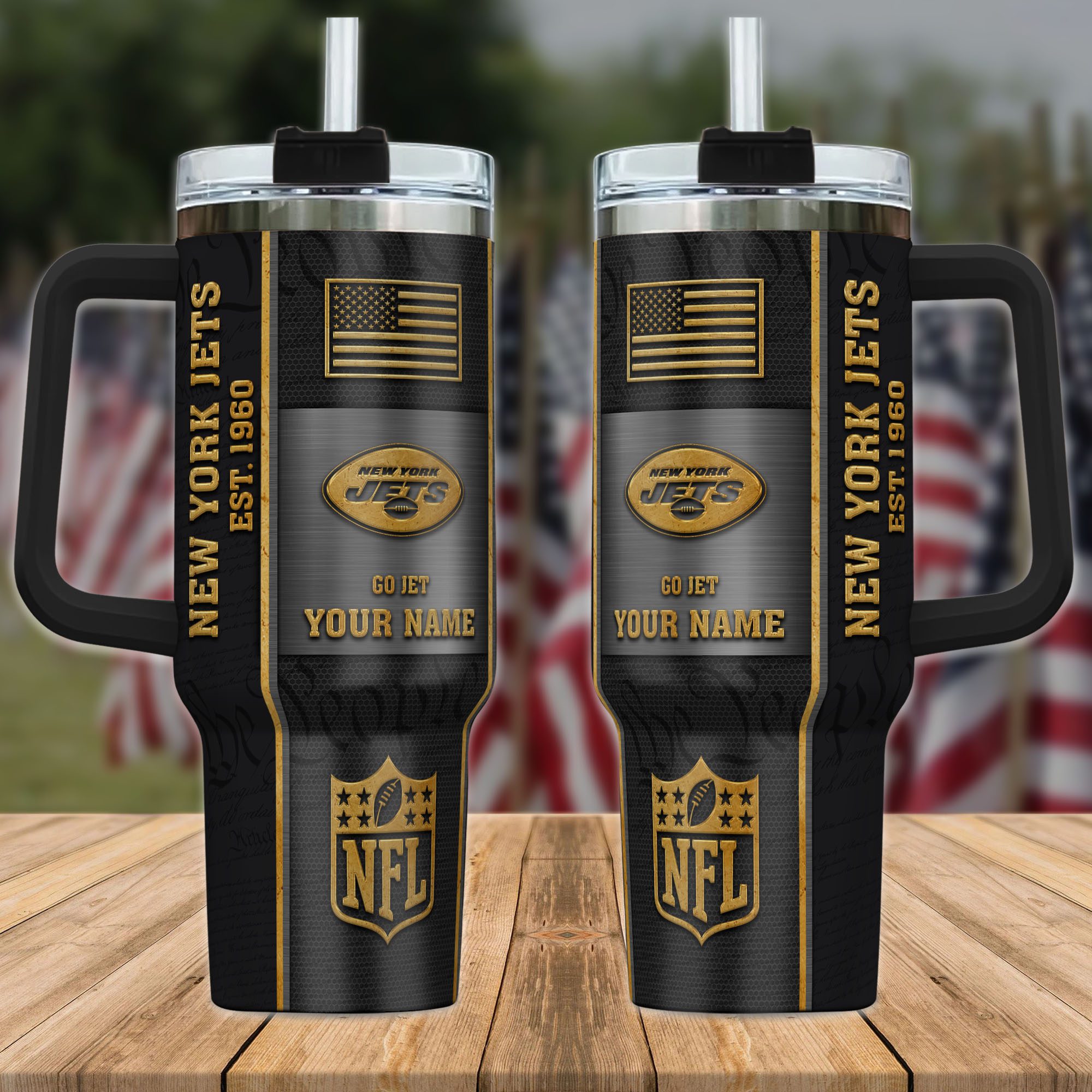 New-York-Jets-NFL-Personalized-40oz-Stanley-Tumbler-Black-Gold-US-Flag-Tumbler-2