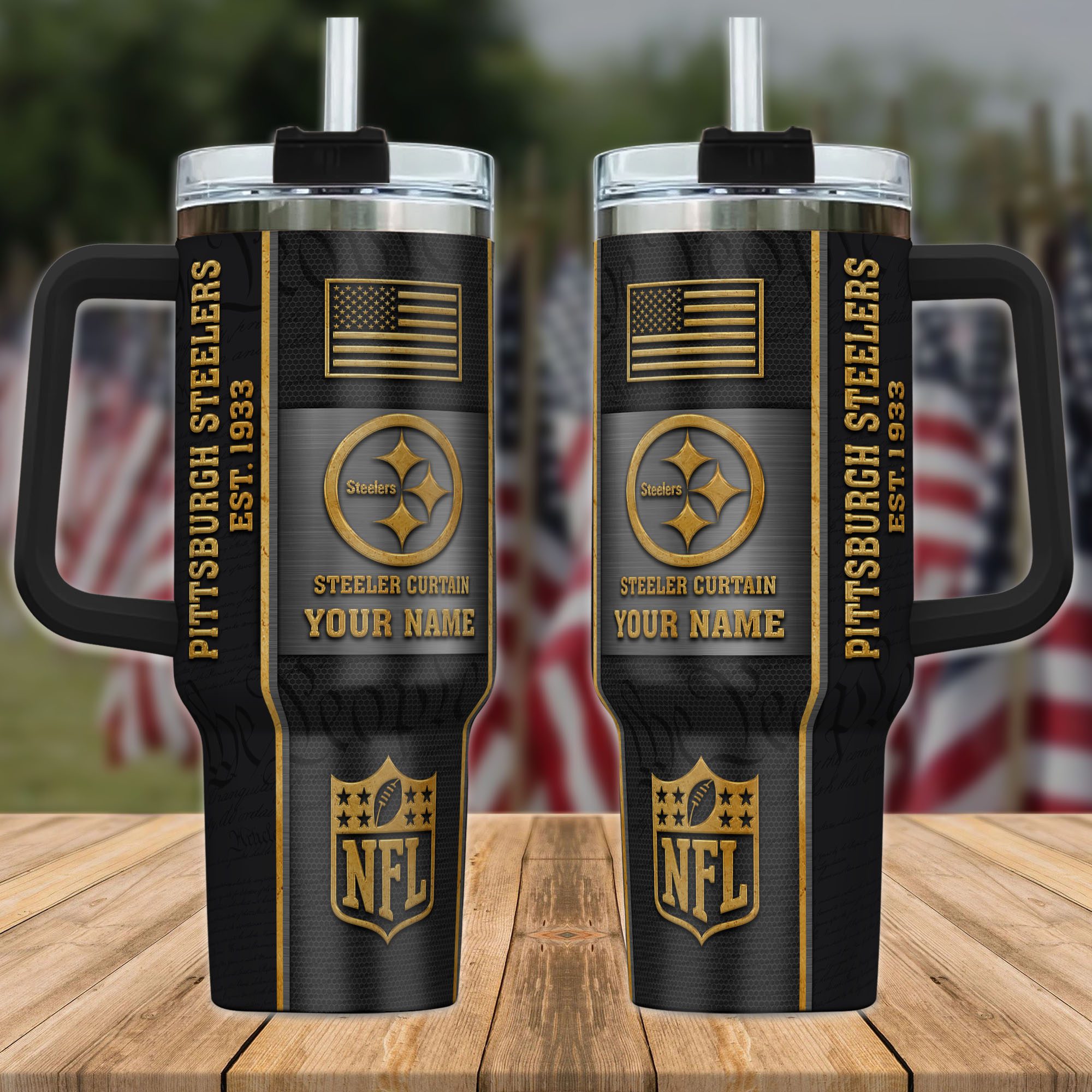 Pittsburgh-Steelers-NFL-Personalized-40oz-Stanley-Tumbler-Black-Gold-US-Flag-Tumbler-2