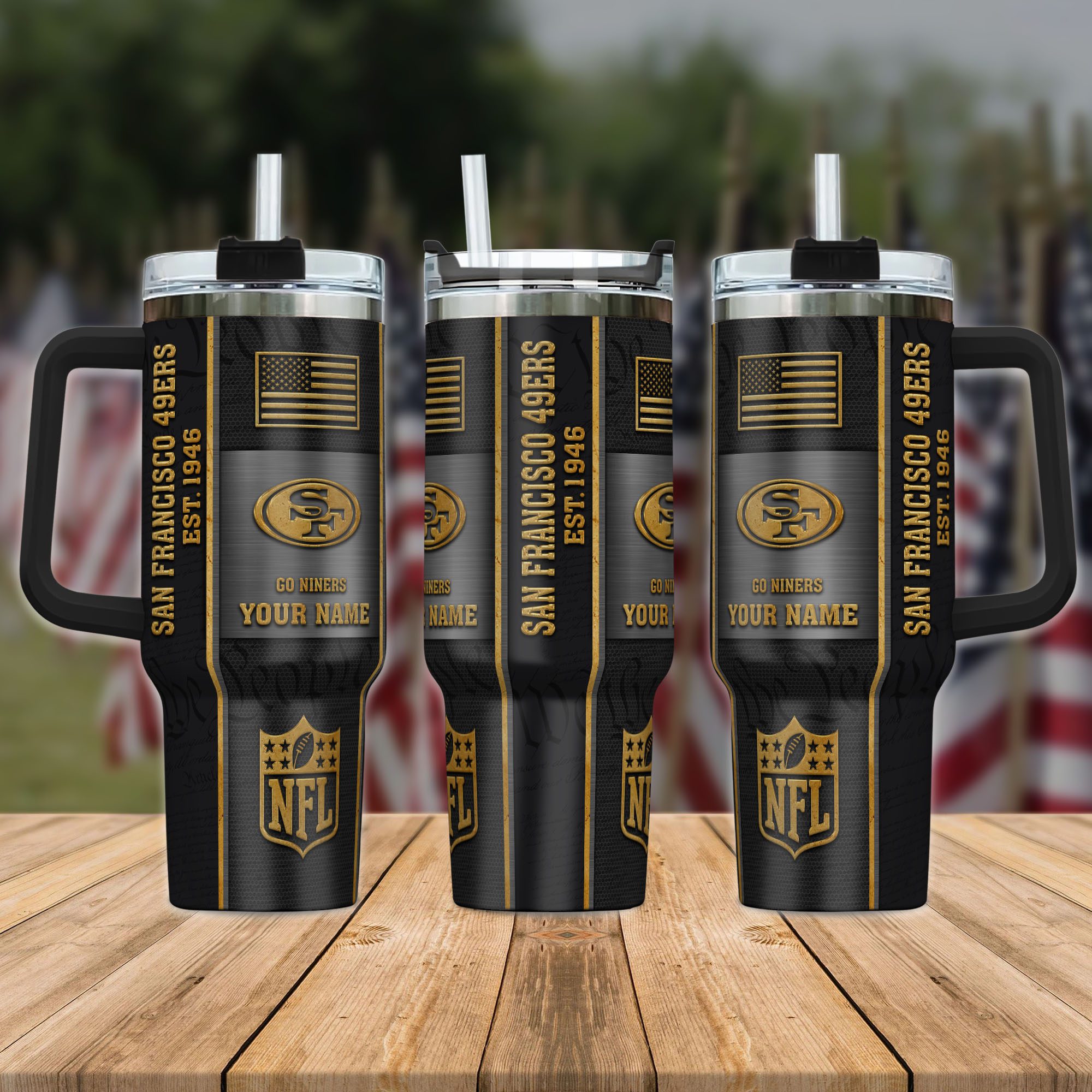 San-Francisco-49ers-NFL-Personalized-40oz-Stanley-Tumbler-Black-Gold-US-Flag-Tumbler-1