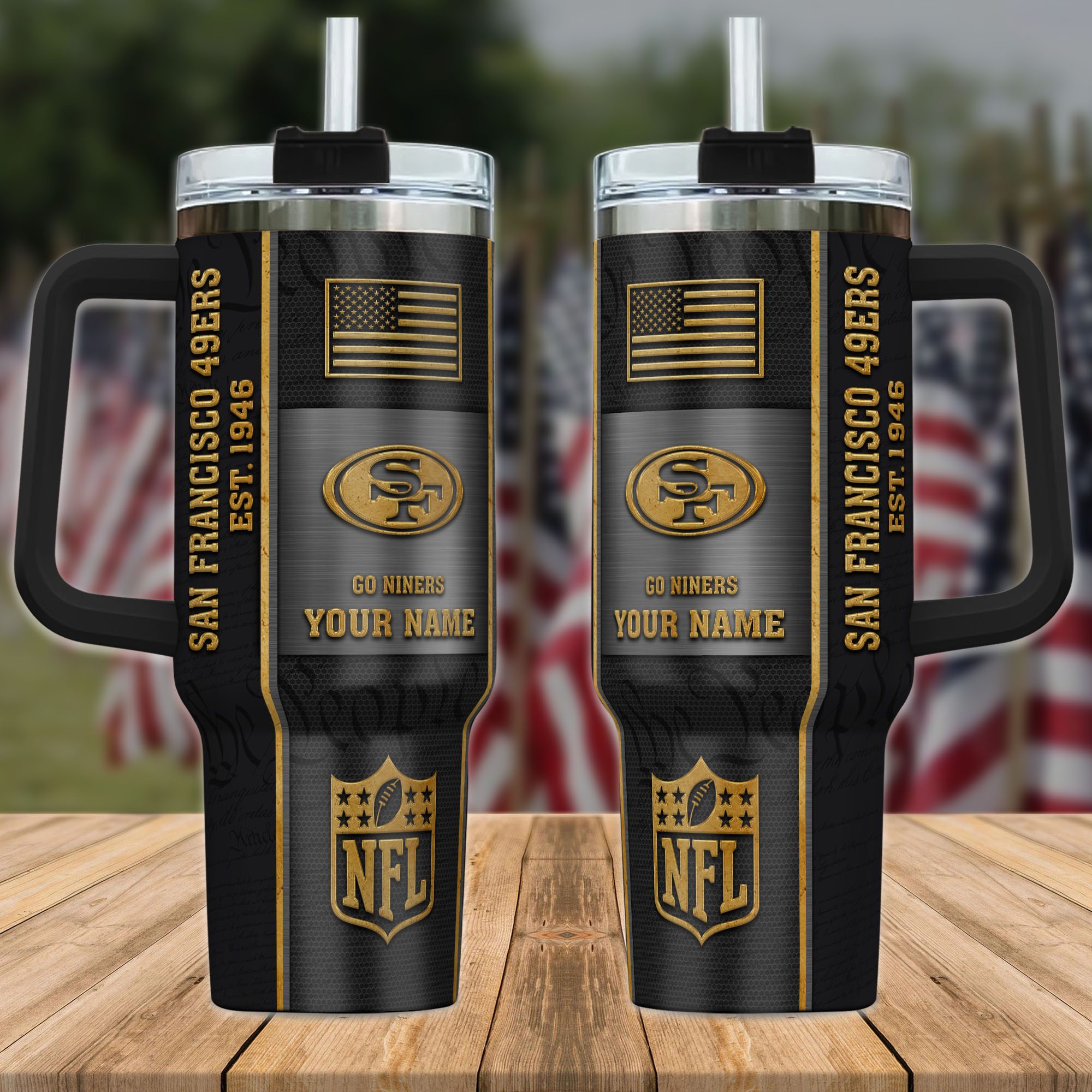 San-Francisco-49ers-NFL-Personalized-40oz-Stanley-Tumbler-Black-Gold-US-Flag-Tumbler-2